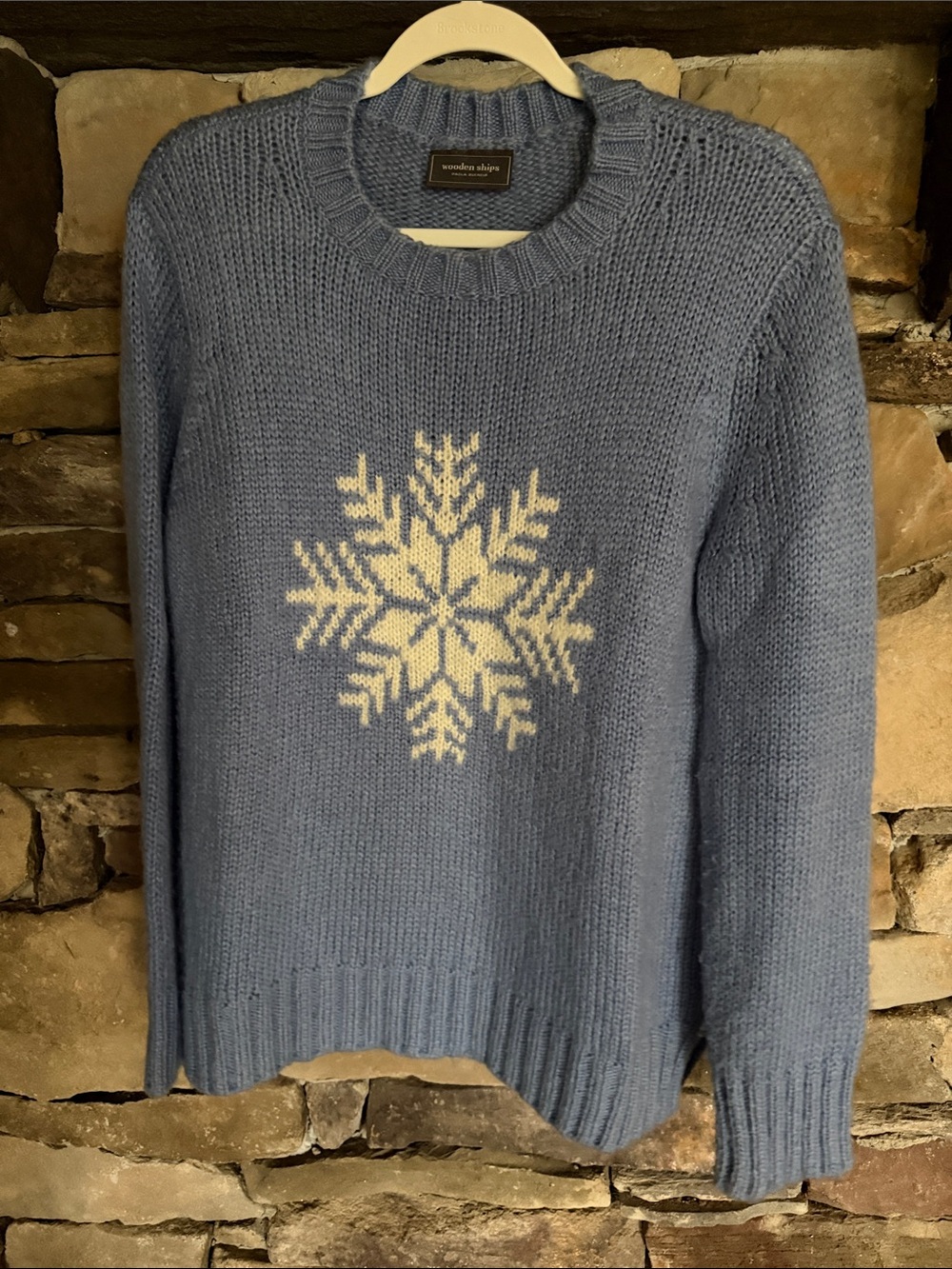 Wooden Ships Light Blue Crewneck Sweater with White Snowflake